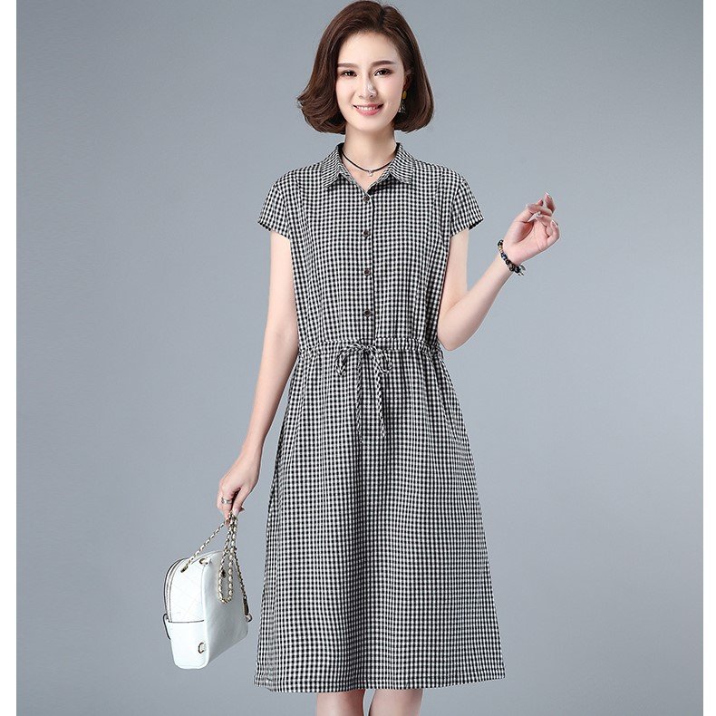 Váy sơ mi nữ phối cúc công sở, họa tiết caro trẻ trung, dây rút eo xinh CS73