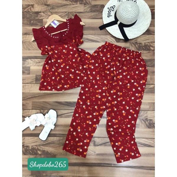Đồ bộ nữ,đồ ngủ mặc nhà vải lụa phối tằm ý họa tiết hoa nhí quần dài cổ kết cườm dễ thương size 47-60kg.