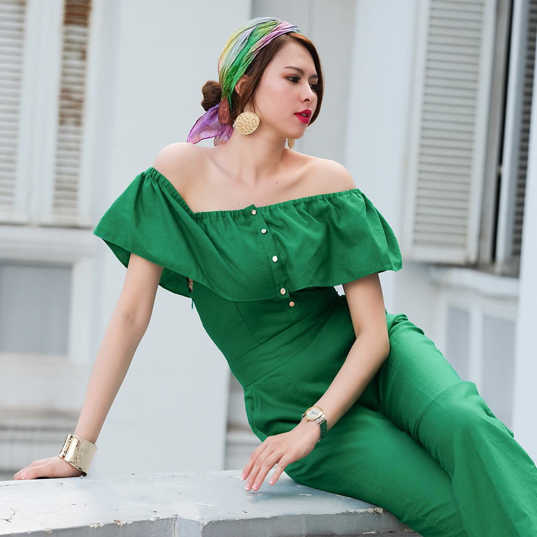 Đồ Bay Dài Bộ Áo Liền Quần Bộ Jumpsuit Thời trang thiết kế Hity DRE132 (Xanh Rừng Nhiệt Đới)