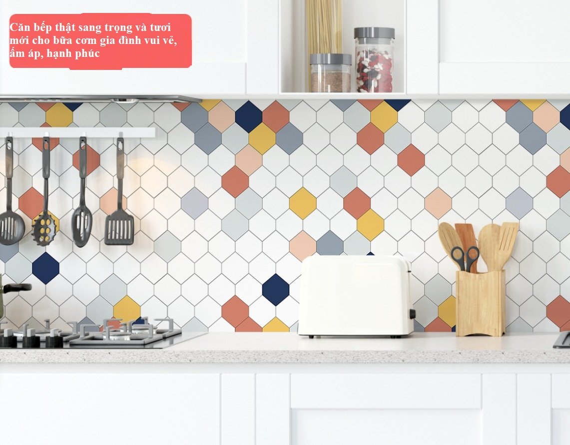 Decal dán bếp ô họa tiết lục giác sắc màu - lau chùi dễ dàng