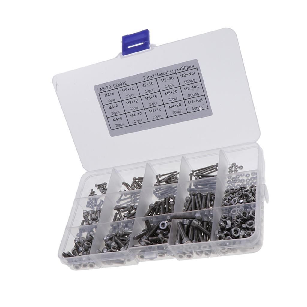 Pack of 480 Hex Screws Nuts Set in 15 Grids Plastic Case Stainless Steel