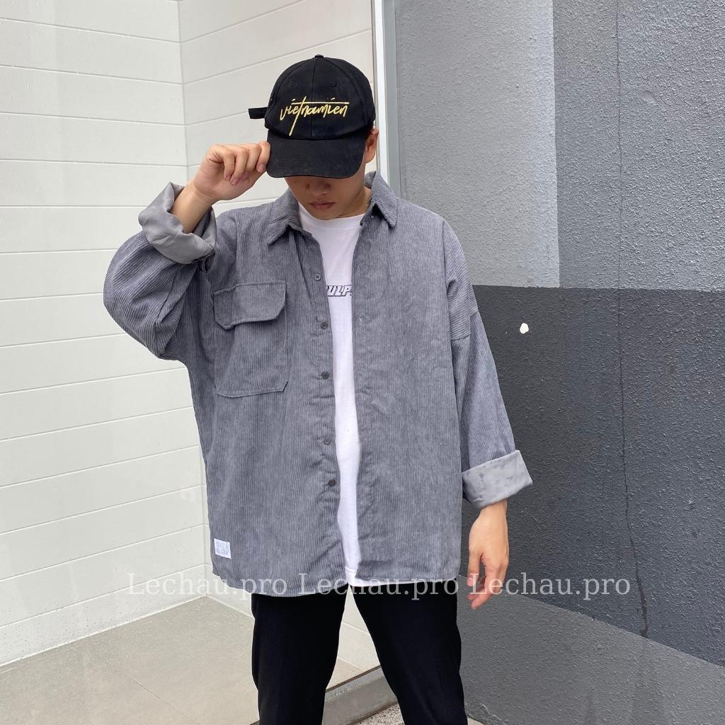 Áo khoác nhung tăm unisex form rộng ulzzang hottrend AKSMNT03 jacket sơ mi nam nữ streetstyle hàn quốc rẻ đẹp - Xám XL &lt; 75kg &lt;1m73