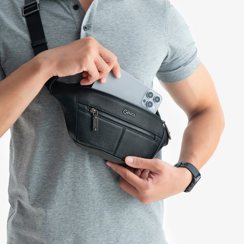 Túi Đeo Chéo Nam Túi Đeo Trước Ngực GENCE TZ01 Chất Liệu Da Bò Cao Cấp Màu Đen