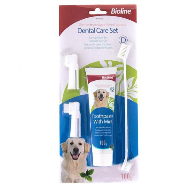 Bộ Kem đánh răng cho chó Bioline 100g + Bàn chải