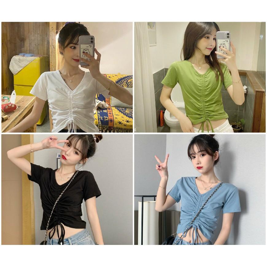 Áo thun nữ tay ngắn rút ngực cotton dày dặn, áo ulzzang nữ ngắn tay rút dây phong cách Hàn Quốc C61 - Maoshop