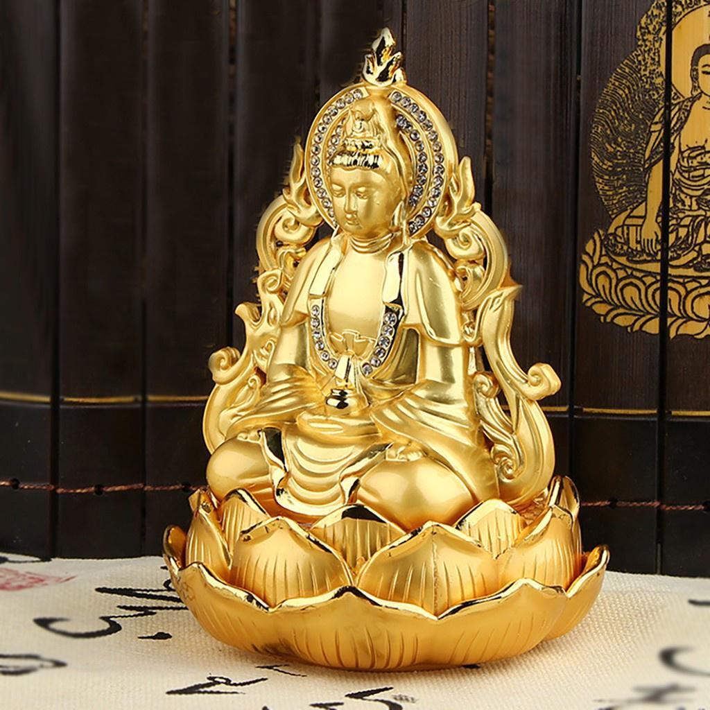 Tượng Phật Bà Quan Thế Âm Bồ Tát hai mặt tọa đài sen vàng đính đá cao cấp trang trí Taplo Ô Tô Xe Hơi