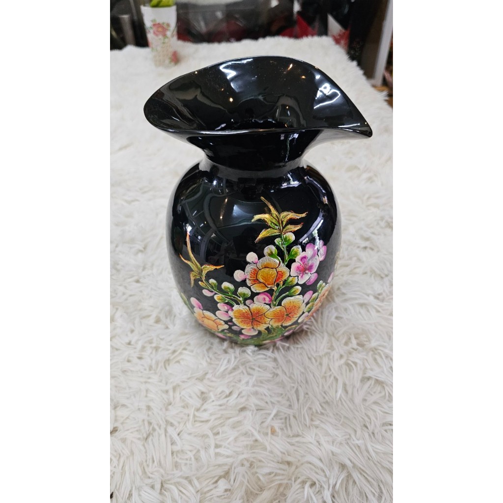 Bình hoa sơn mài vẽ đắp nổi cao cấp Thanh Bình Lê miệng kiểu loe dùng cắm hoa ,trang trí, quà tặng size 22x16cm