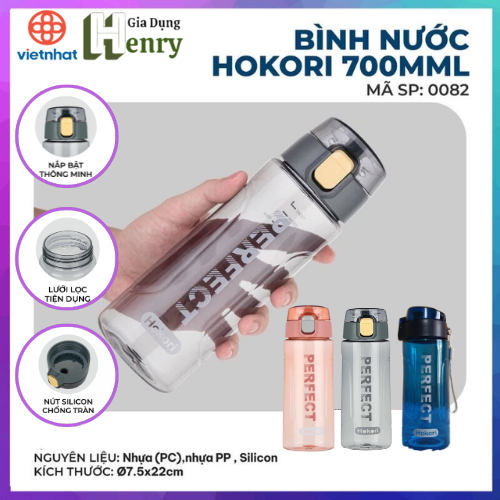 Bình nước thể thao, Bình nước chịu nhiệt 700ml Hokori Perfect thời thượng cao cấp nắp bật chống tràn - Chính Hãng Việt Nhật