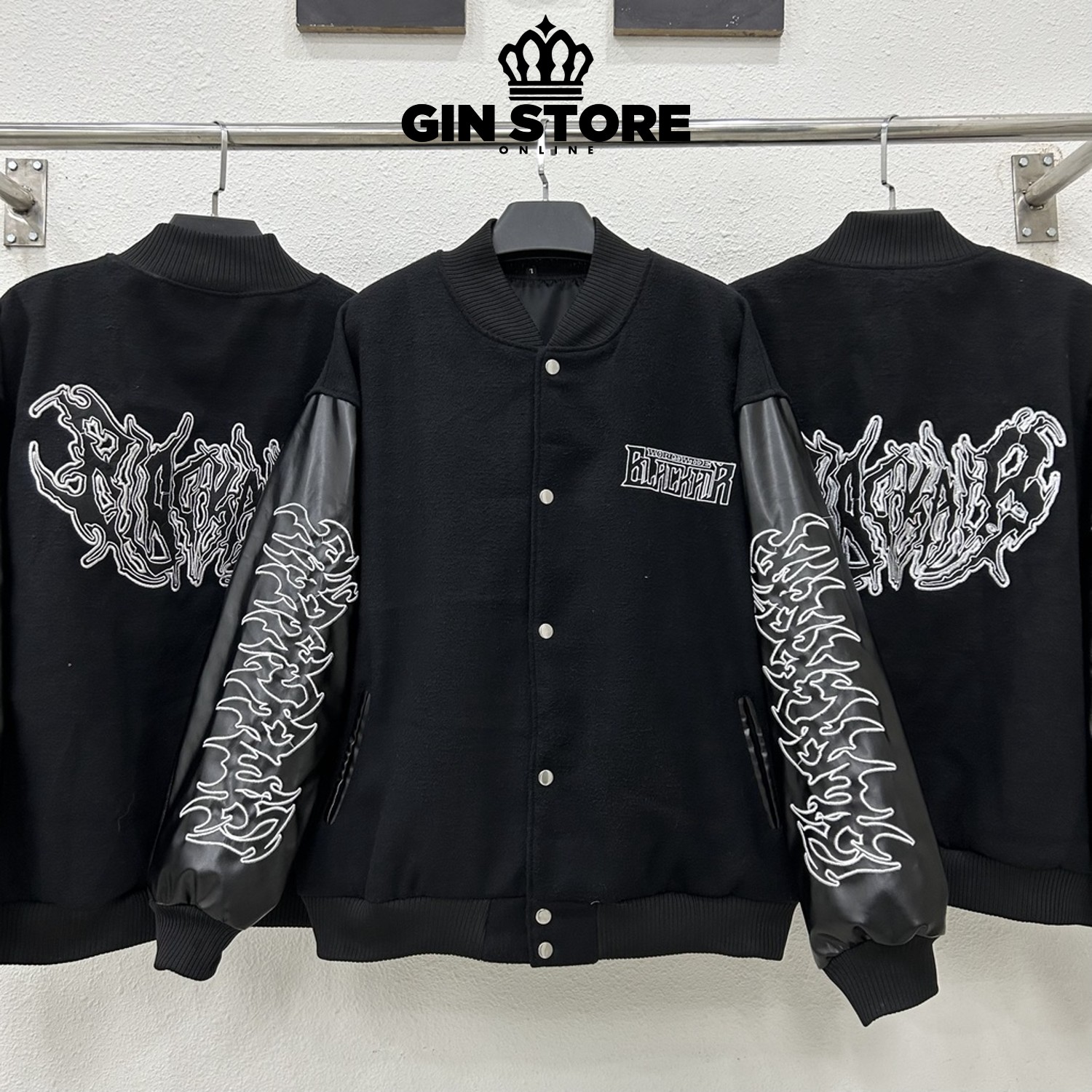 Áo khoác Bomber tay da Black Wide , varsity jacket nam nữ chất dạ 2 lớp , áo khoác bóng chày local brand unisex - Gin Store