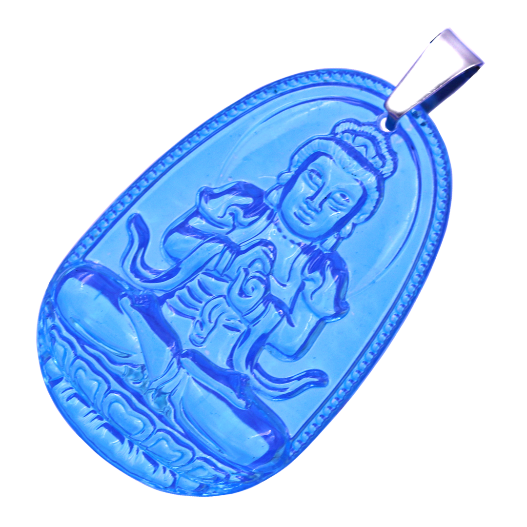 Mặt Phật Đại nhật như lai thuỷ tinh xanh biển 3.6 cm kèm móc và vòng cổ dây cao su đen, Mặt Phật bản mệnh