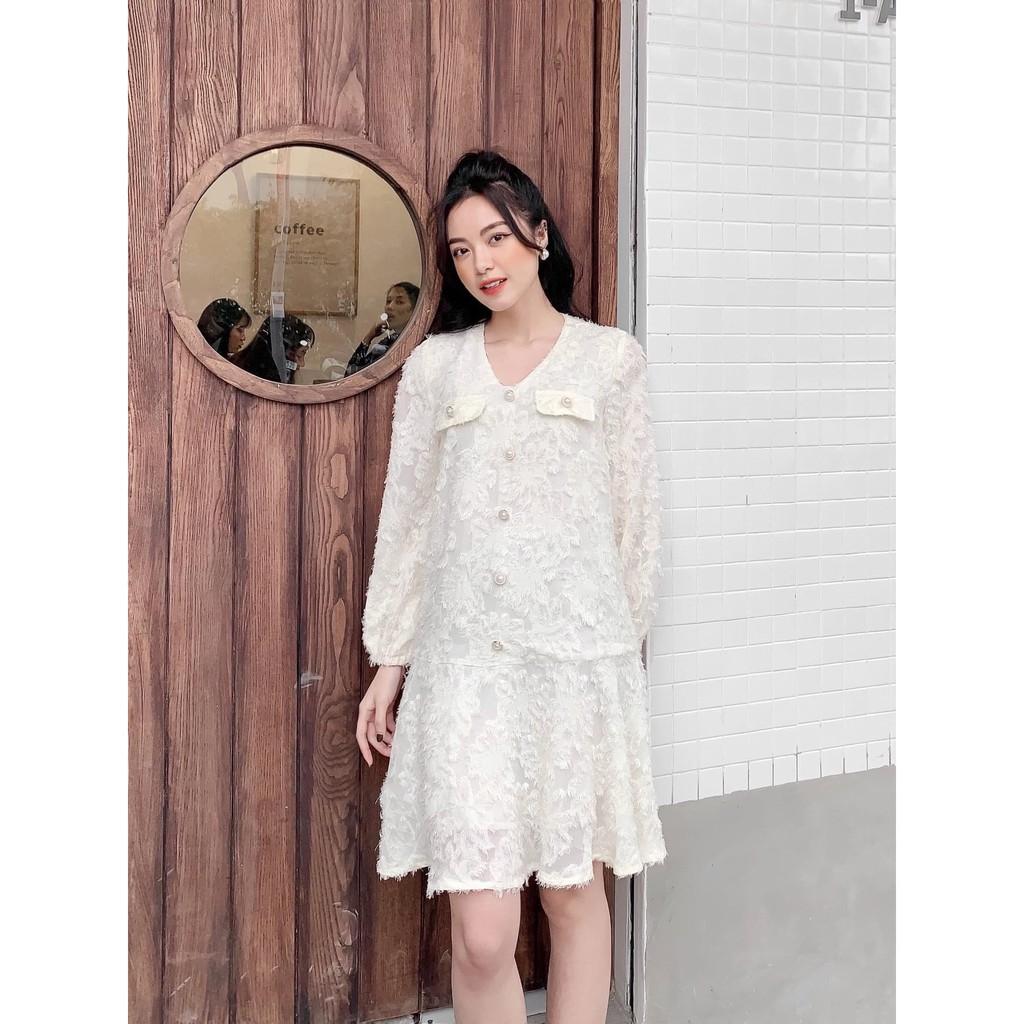 Váy suông voan 2 lớp phủ lông, cổ V, túi nắp, đầm xuông rộng đuôi cá, tay dài bo phồng 2 màu mã V88 - Michi's House