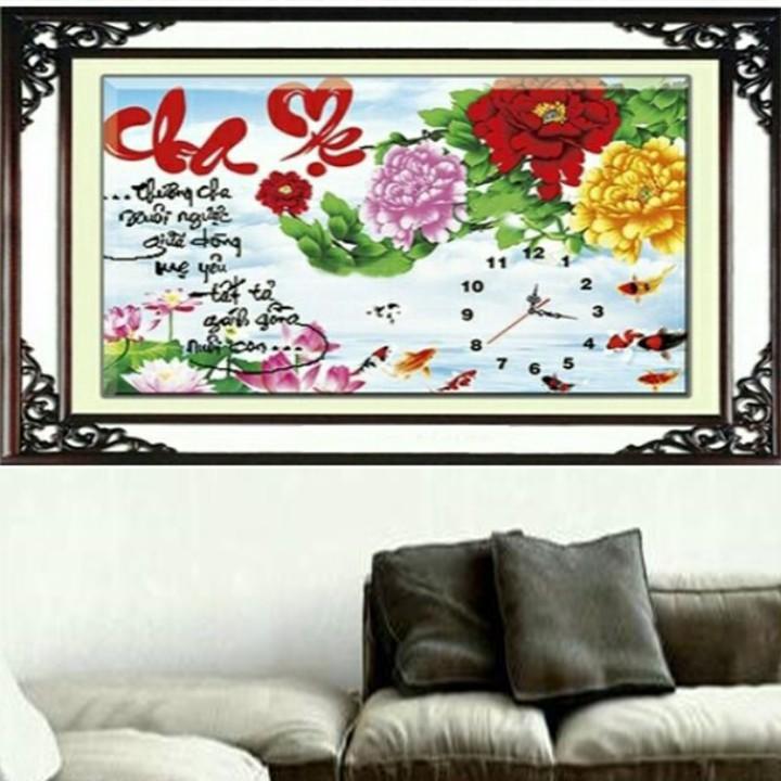 Tranh thêu cha mẹ cá hoa mẫu đơn 223098 - kích thước: 60 * 40cm.
