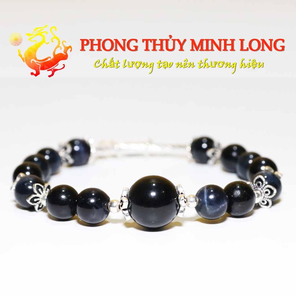 Vòng tay đá Mắt Hổ Chim Ưng mix túi tiền lá bạch dương bạc nhỏ xinh với người mệnh Kim và Thủy