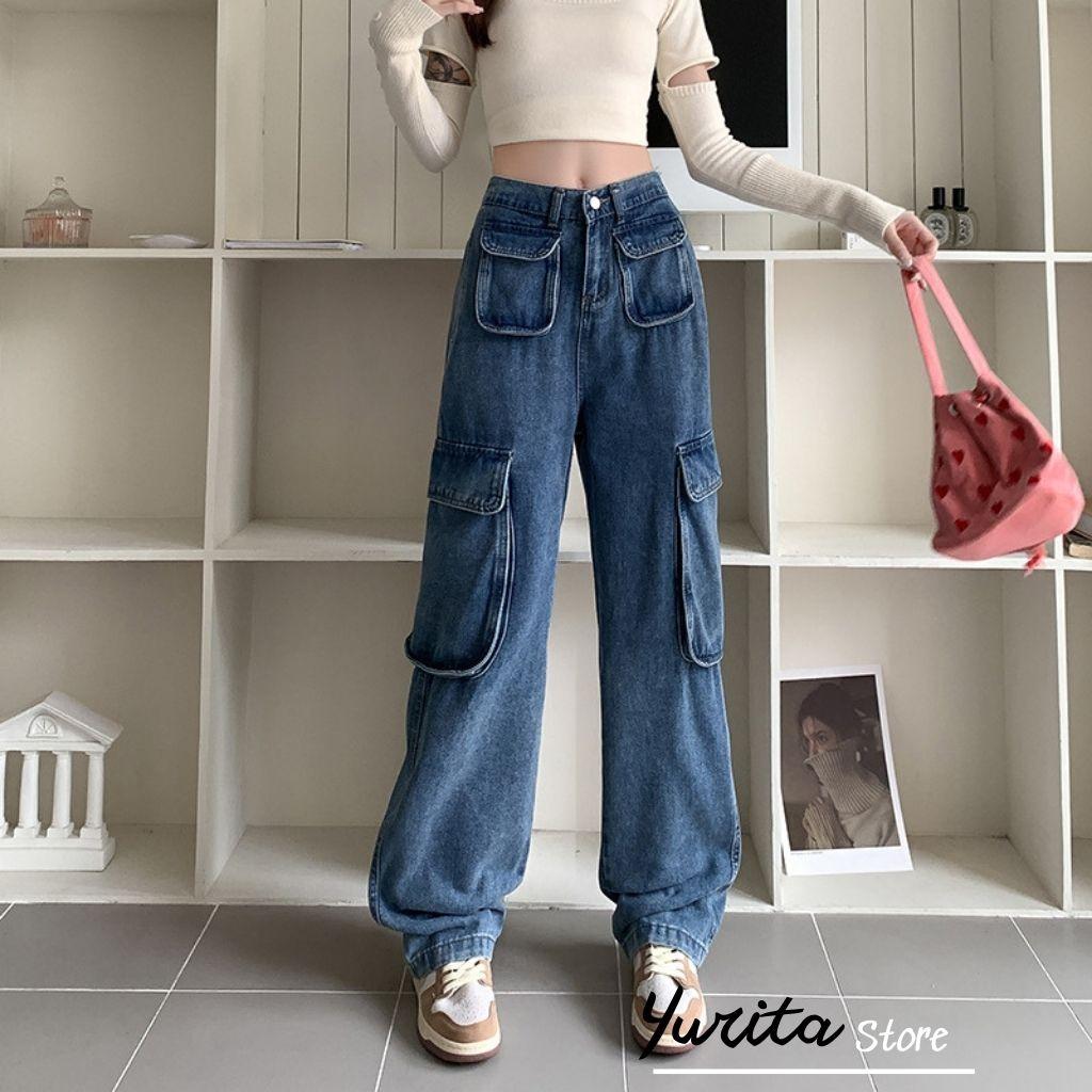 Quần Jean Túi Hộp Ống Rộng 6 Túi Yurita Quần Jeans Ống Đứng Dáng Suông Nữ Cạp Cao Màu Xanh