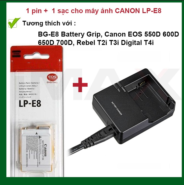 COMBO PIN SẠC THAY THẾ CHO PIN MÁY ẢNH CANON LP-E8