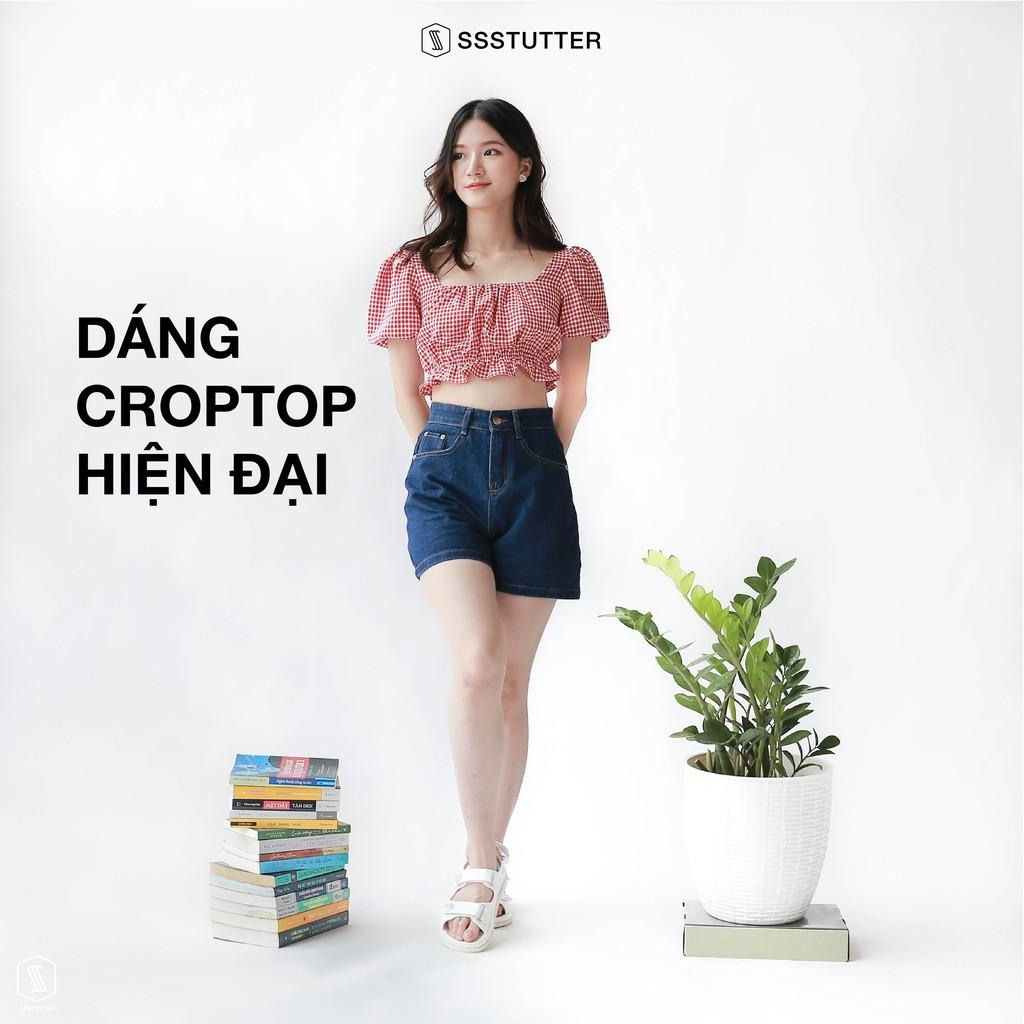 Áo crotop nữ SSSTUTTER kiểu tay bồng bèo nhún pin shirt