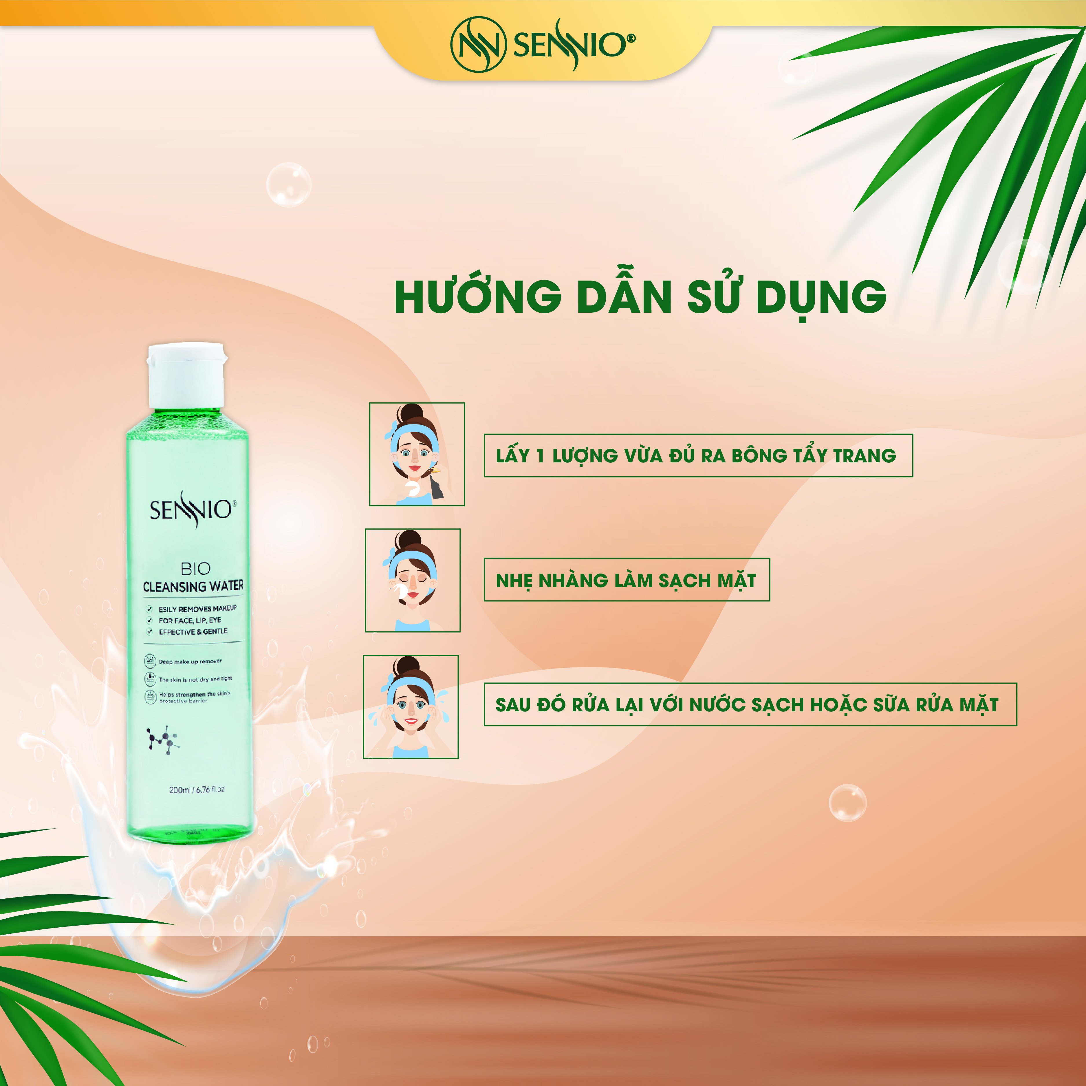 Nước tẩy trang không cồn Sennio Cleansing Water làm sạch sâu phù hợp với mọi làm da 200ml SNO 836