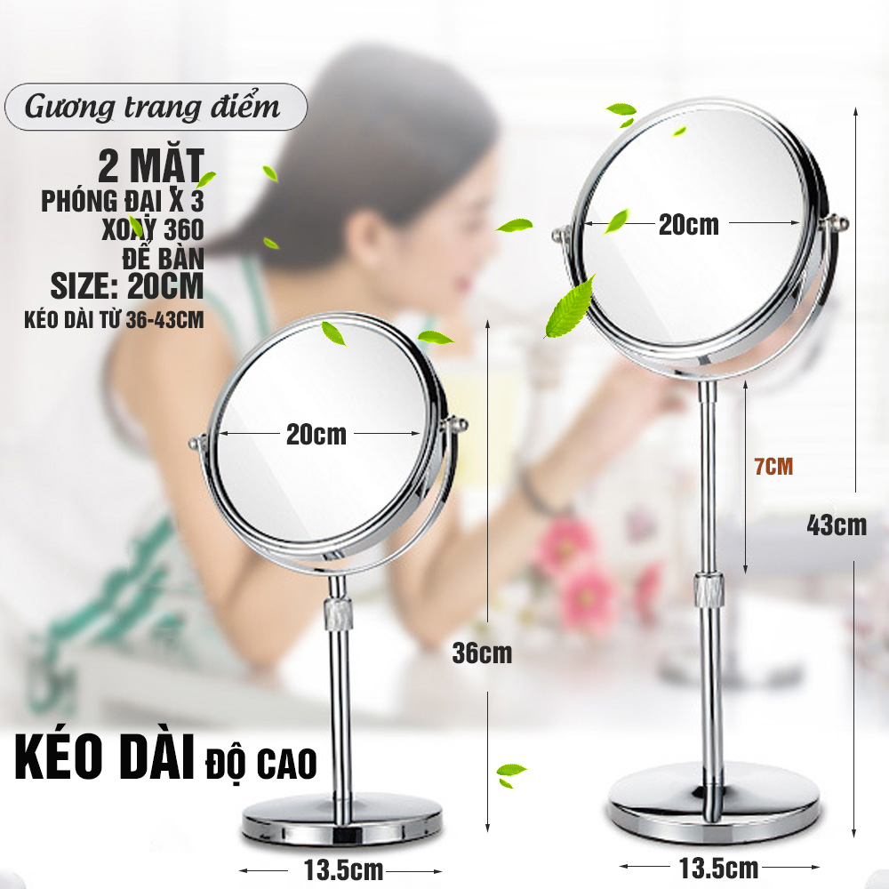 Gương trang điểm để bàn Kéo dài, Crom, phóng đại zoom x3, 2 mặt xoay siêu nét