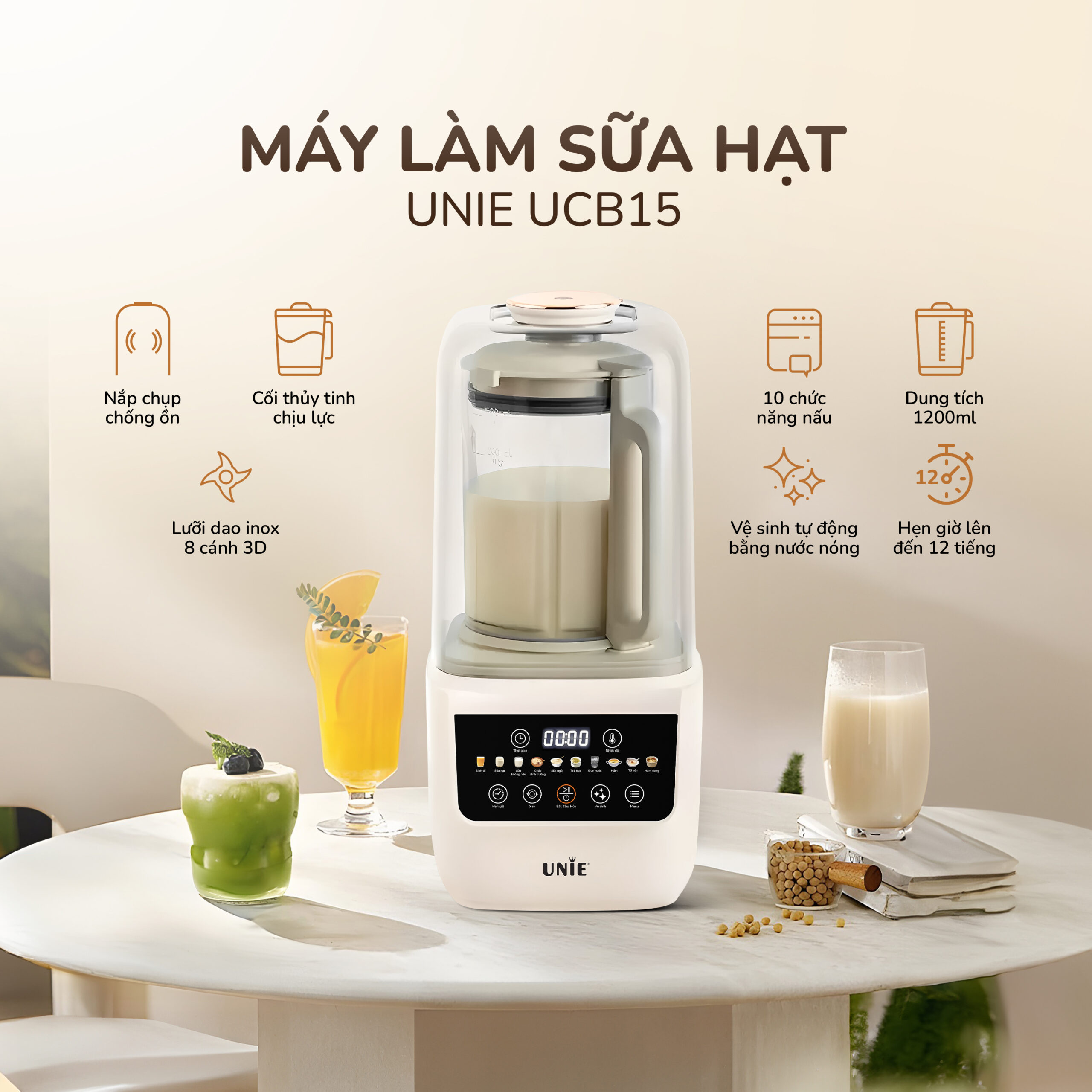 [SP MỚI] Máy làm sữa hạt UNIE UCB15 dung tích 1.5L, nắp chụp giảm ồn 30%, 10 chức năng nấu, lưỡi dao xay 8 cánh, hàng chính hãng bảo hành 12 tháng