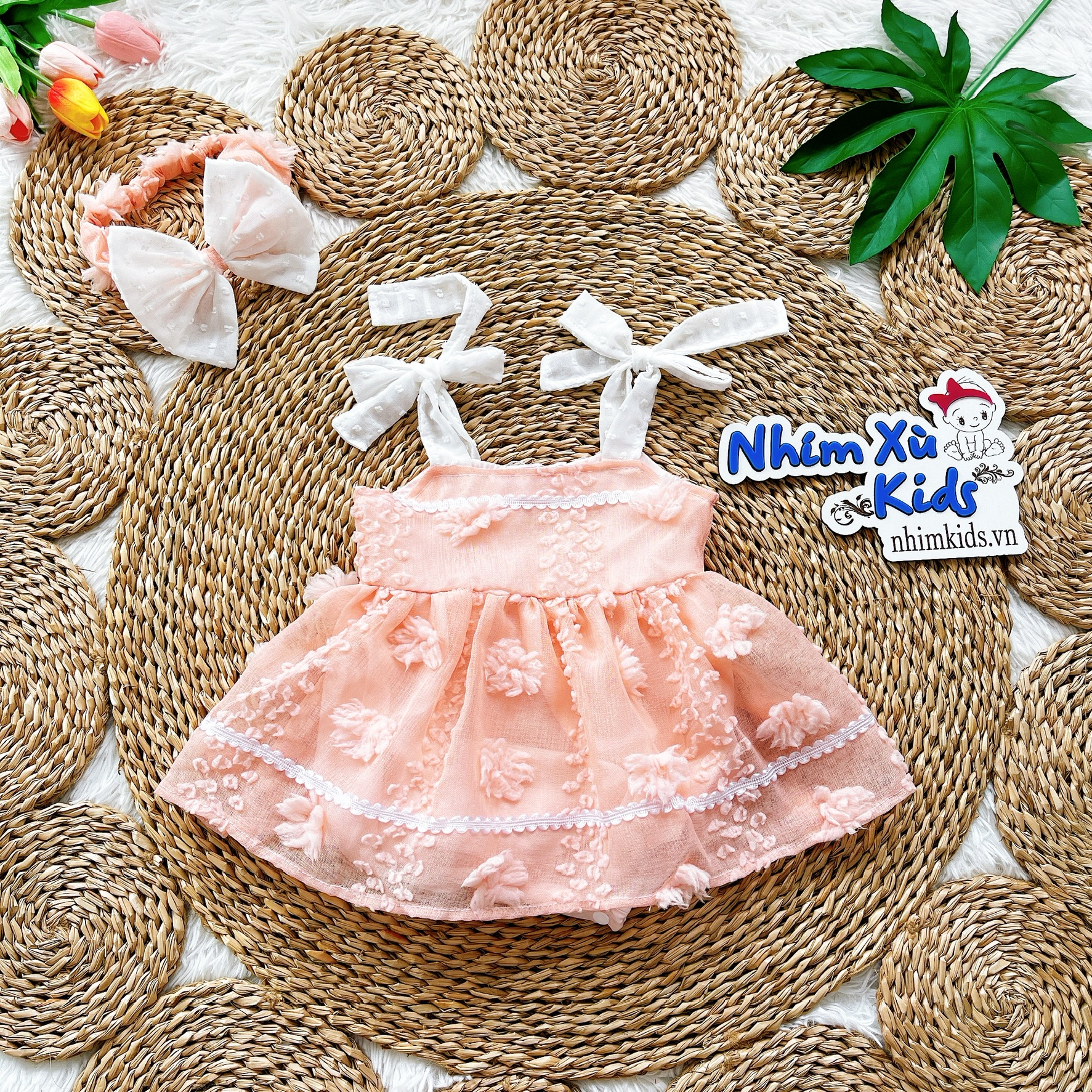 Body 2 Dây Hoa Nổi Màu Hồng Cam Cho Bé Gái 3 Đến 12kg