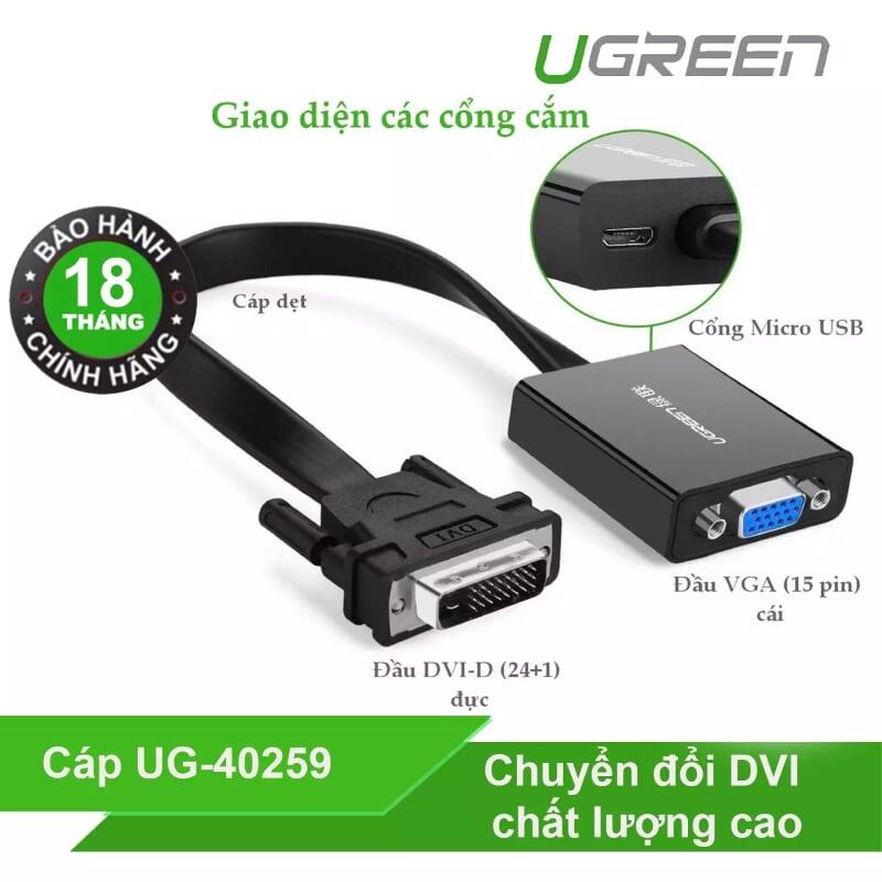 Ugreen UG40259MM108TK 30CM màu Đen Cáp chuyển đổi DVI D 24 + 1 sang VGA cáp dẹt - HÀNG CHÍNH HÃNG