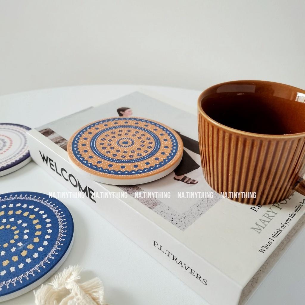 Miếng lót ly, đế lót cốc làm bằng đá thấm hút nước hoạ tiết Boho Vintage phong cách Hàn Quốc NA0061