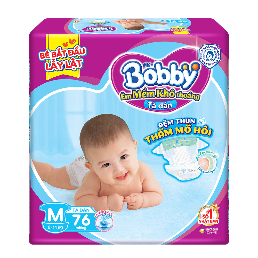 Bỉm - Tã dán Bobby size M - 76 miếng (Cho bé 6 - 10kg)