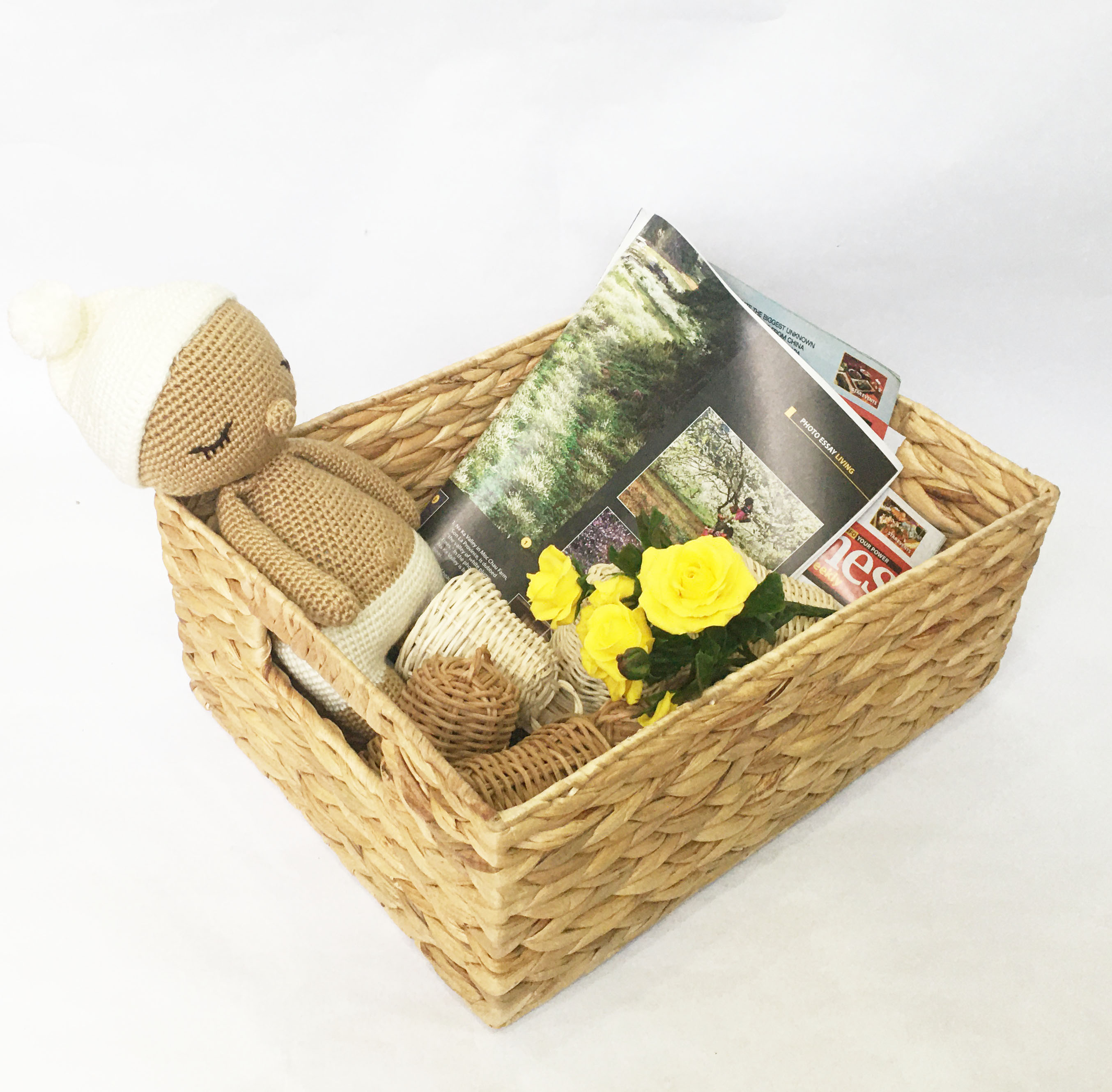Sọt Giỏ Lục Bình chữ nhật đa năng - giỏ bèo tây khung sắt có tay cầm handmade vintage KT D36xR27xC14cm