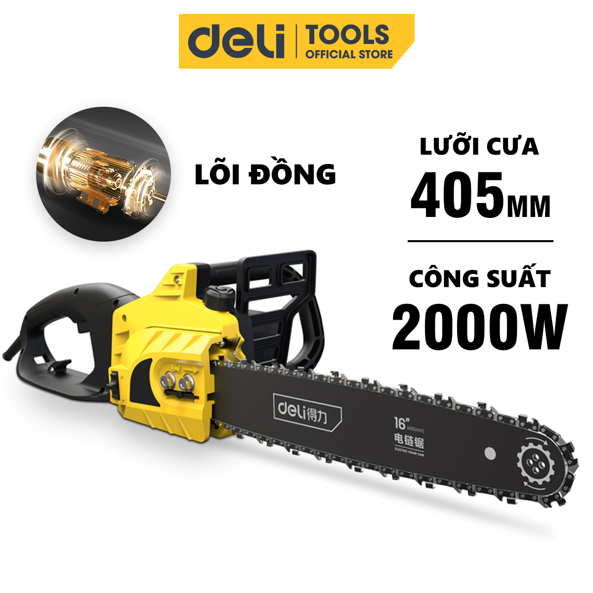 Máy Cưa Xích Điện Cầm Tay Deli - Công Suất Lên Tới 2000W, Lưỡi Cưa 405mm, Động Cơ Lõi Đồng DL674052