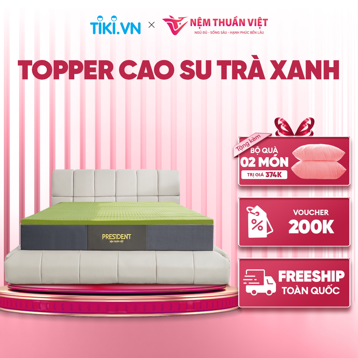 Topper cao su trà xanh Thuần Việt - Topper Nệm Cao Su Thiên Nhiên, Tăng độ êm ái khi nằm, Đàn Hồi, Kháng Khuẩn