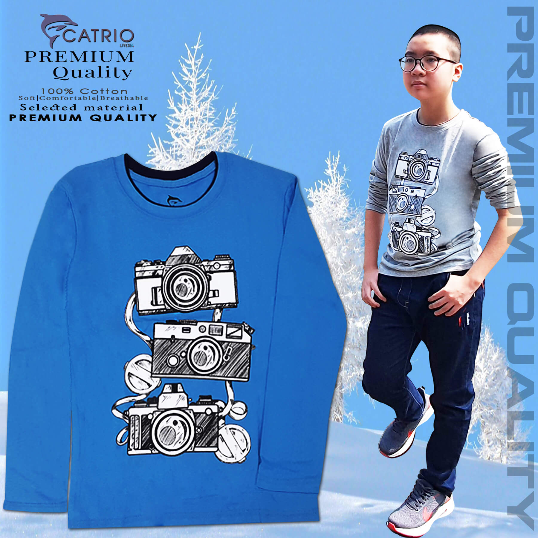 ÁO THUN DÀI TAY BÉ TRAI CATRIO in 3 MÁY ẢNH màu xanh biển là áo phông trẻ em từ 9 tuổi ..12 tuổi  vải 100% cotton an toàn thuộc BST quần áo trẻ em mùa thu đông CATRIO + với quần dài cotton thành bộ đồ thu đông bé trai đẹp