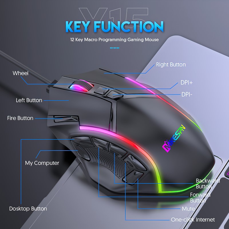 Chuột Gaming Esport macro X15 Led RGB 12800 DPI 12 phím cho máy tính laptop hàng nhập khẩu