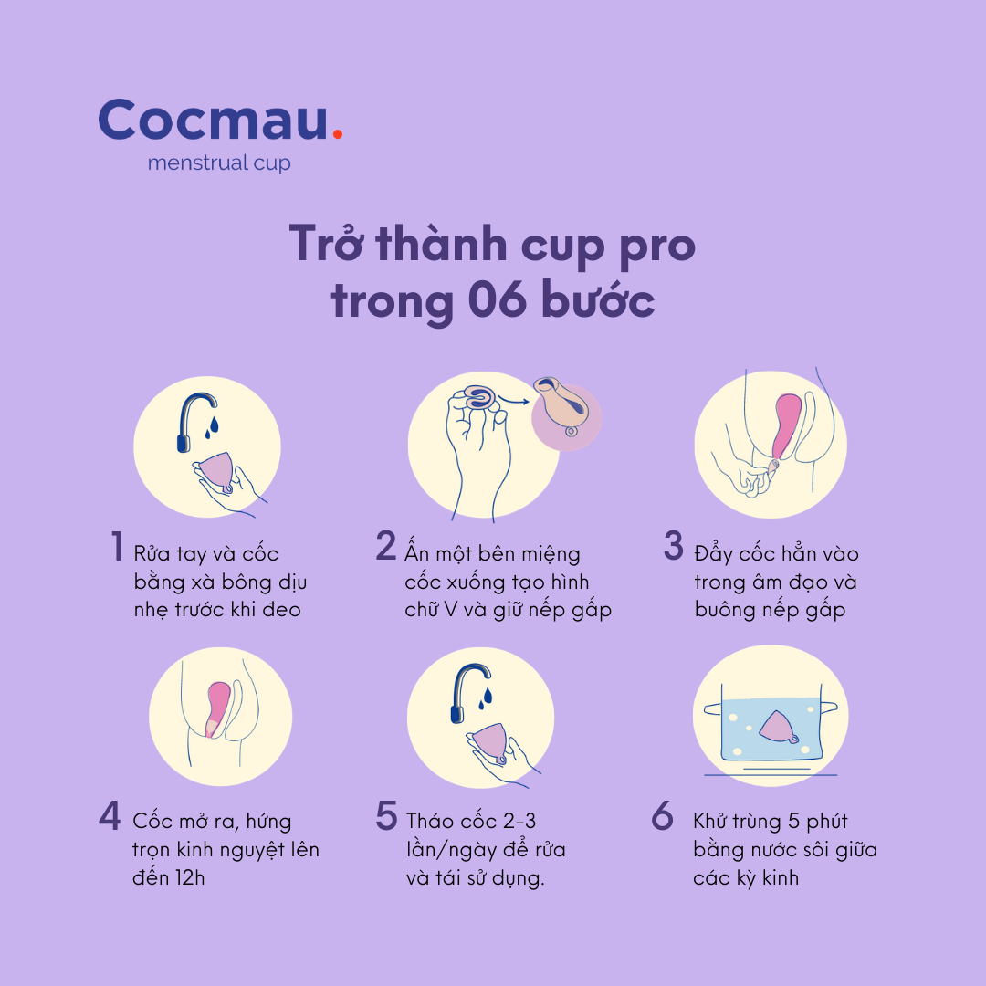 Cốc nguyệt san cải tiến Cocmau - Tím khoai môn - Cuống tròn dễ tháo - Thiết kế vành ẩn nhỏ gọn - 100% silicone y tế