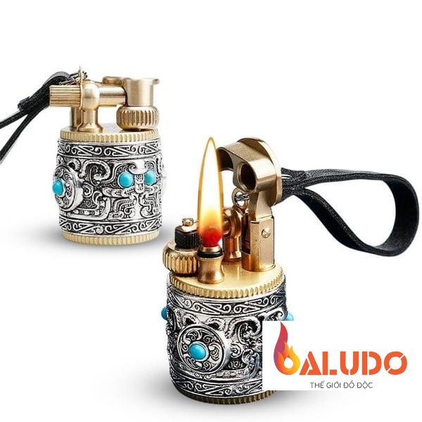 Vỏ hộp quẹt xăng đá kiêm móc khóa CF-212C vỏ xoay hoa văn nổi đính đá