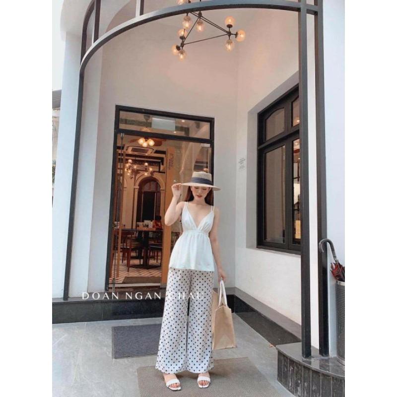 Set áo 2 dây bèo quần suông chấm bi