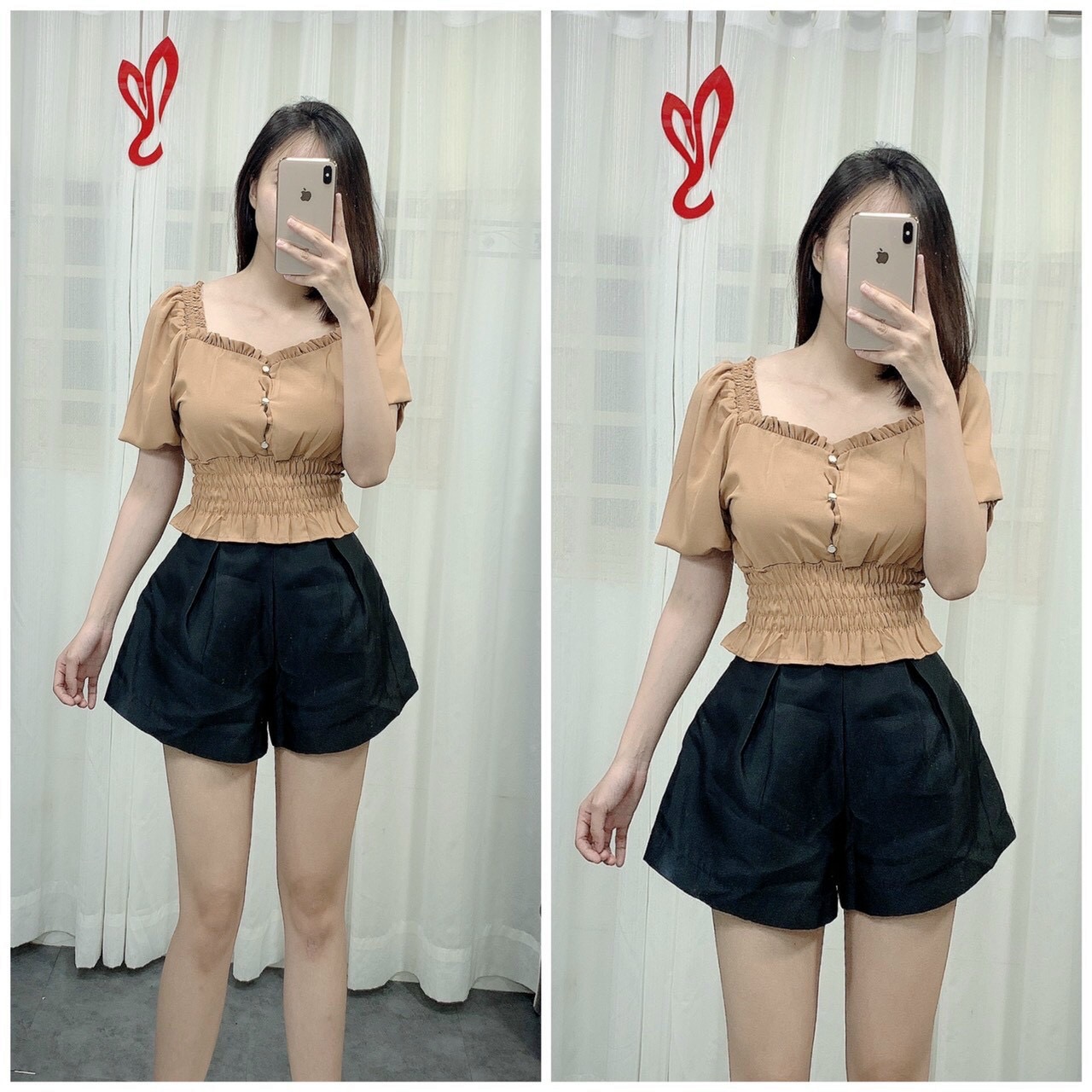 Áo croptop bo éo đính cúc ngọc - áo trễ vai tay phồng