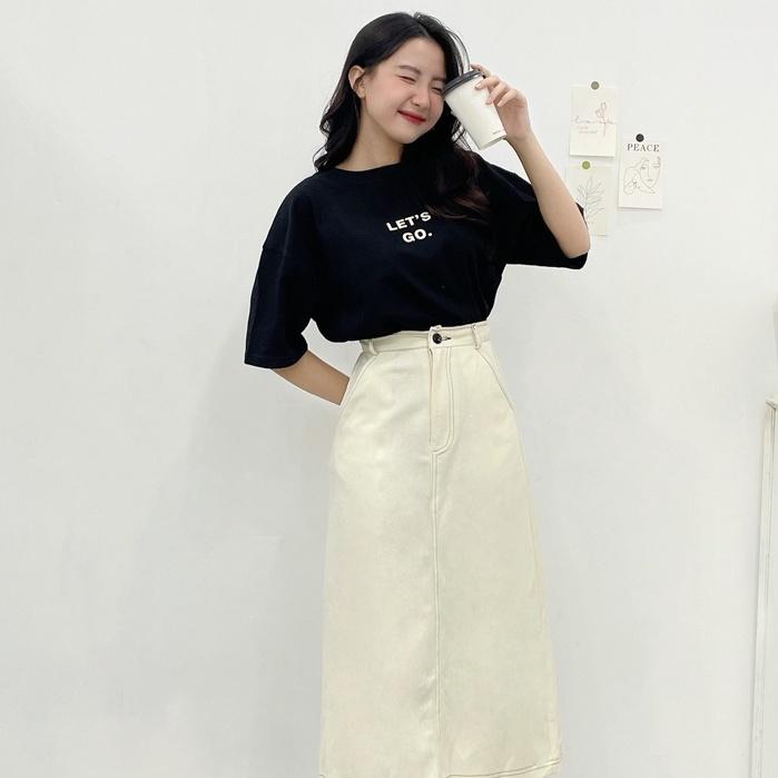 Chân váy kaki nữ FM Style dài qua gối midi thiết kế phối chỉ viền nổi xẻ tà sau phong cách Hàn Quốc 207290040