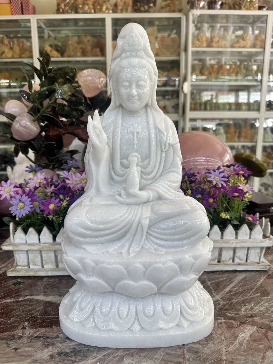 Tượng Phật Bà Quan Thế Âm Bồ Tát ngồi đài sen đá cẩm thạch trắng - Cao 40 cm