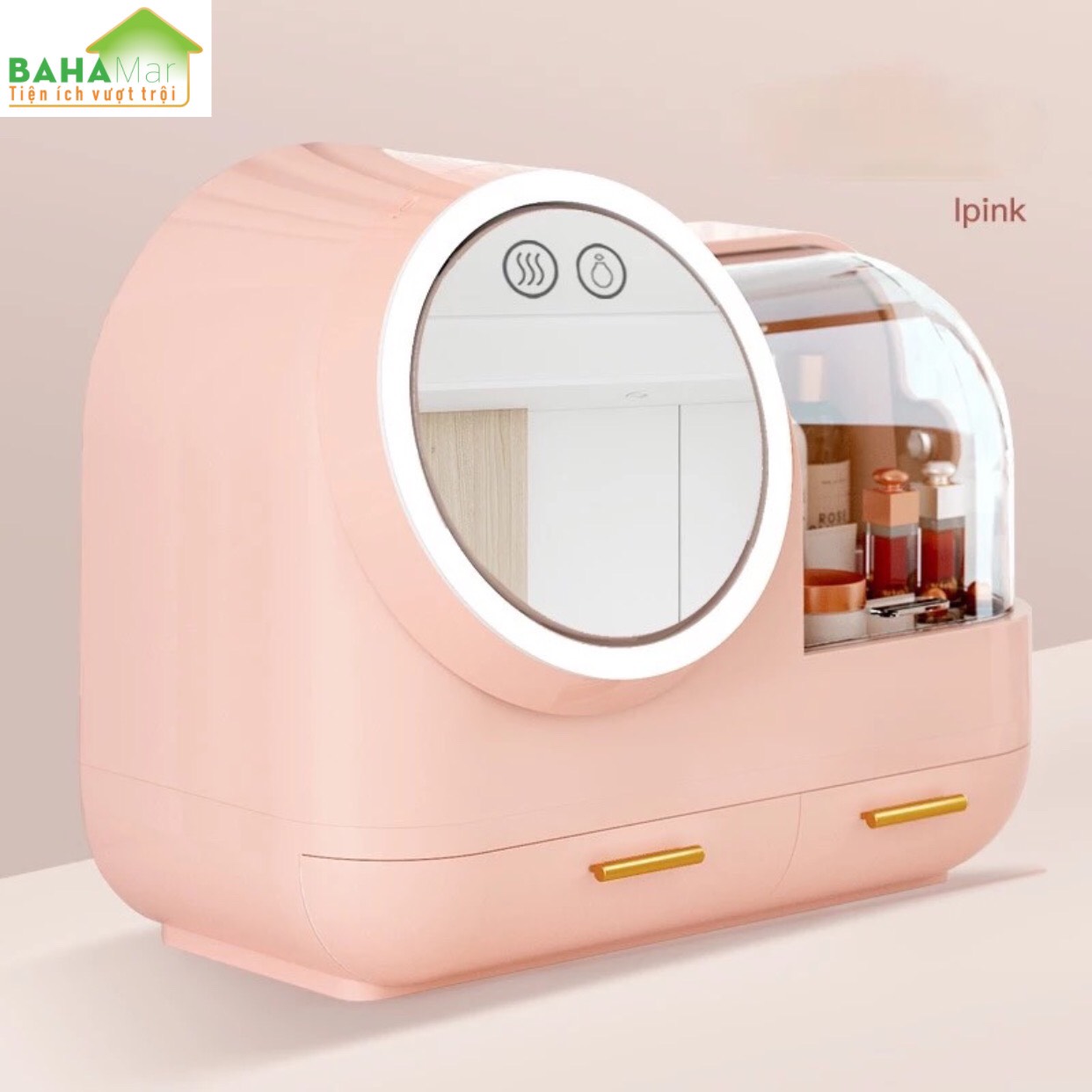 HỘP ĐỰNG MỸ PHẨM CÓ GƯƠNG TRANG ĐIỂM ĐÈN LED QUẠT BAHAMAR có quạt thổi khô lớp trang điểm thiết kế tay cầm dễ dàng xách di chuyển hộp chống bụi v