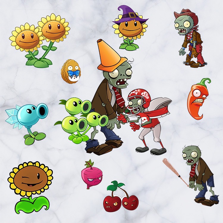 Decal trang trí tường - Những nhân vật zombie và cây vui nhộn