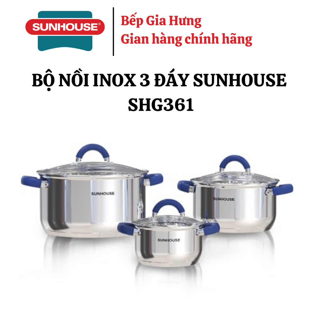 Bộ nồi inox 3 đáy Sunhouse SHG361 quai xanh - Hàng chính hãng