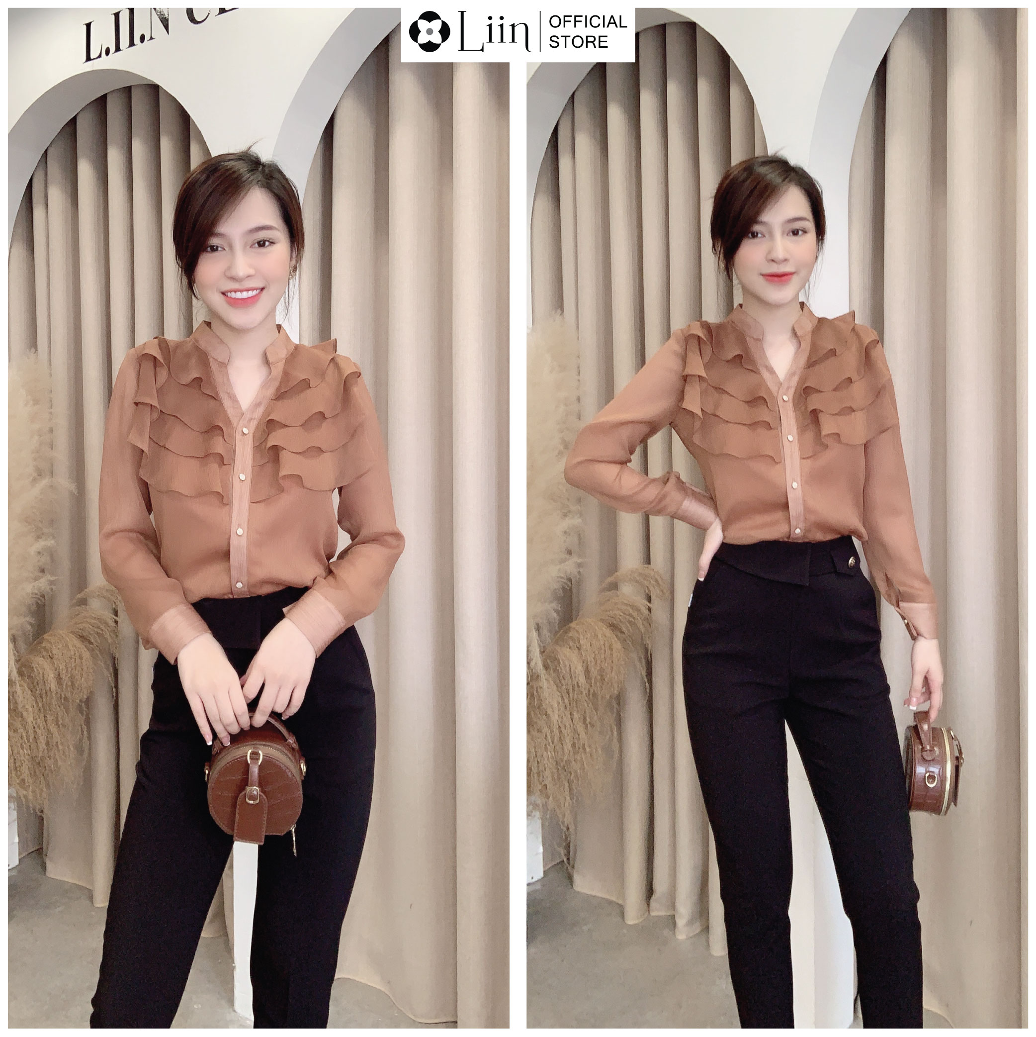 Áo sơ mi dài tay màu nâu mix cổ tàu cách điệu bèo tầng xinh xắn LINBI SM3713