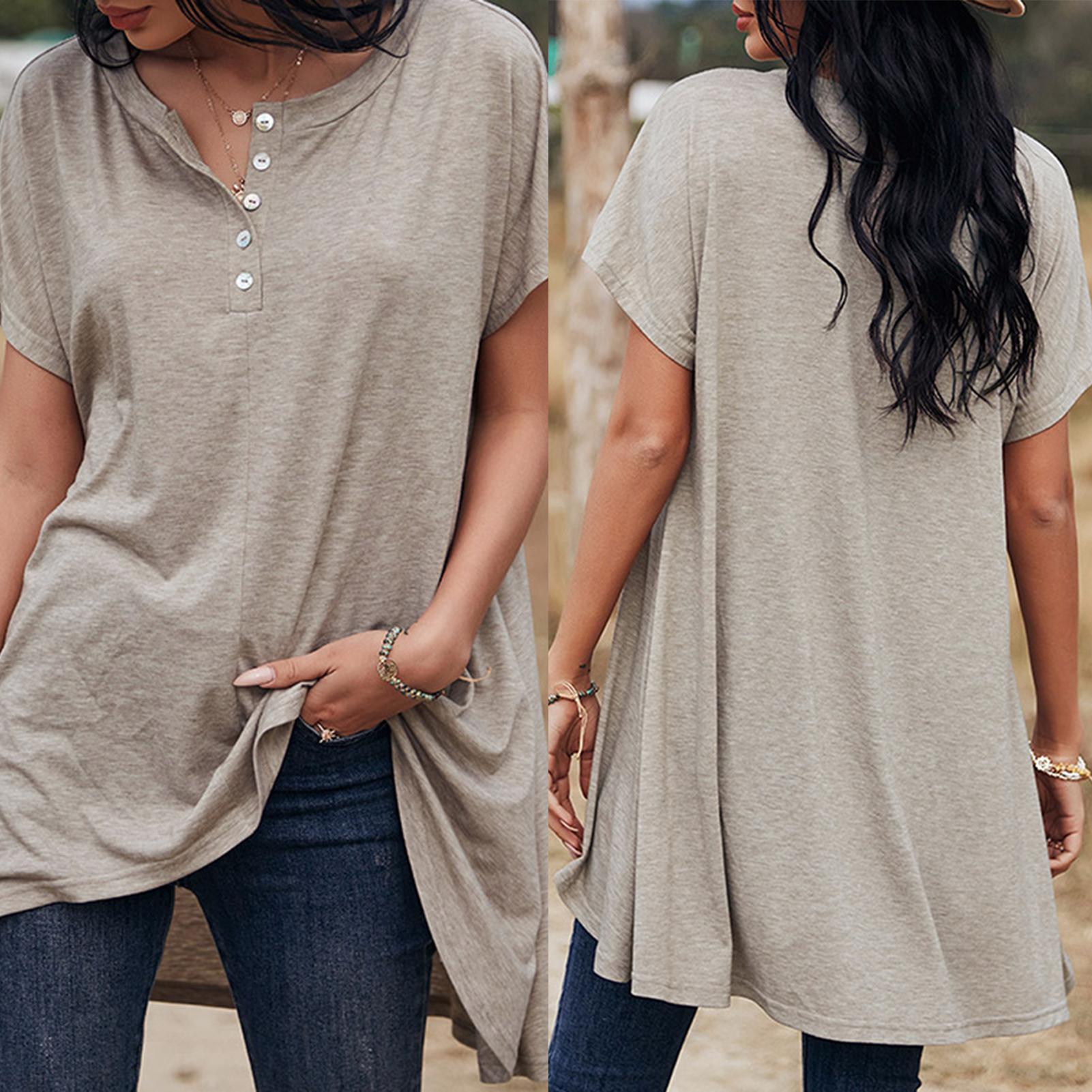 Women Shirt Button Up O Neck Short Sleeve Longer Back Pullover Blouse Casual Loose Tunic Tops