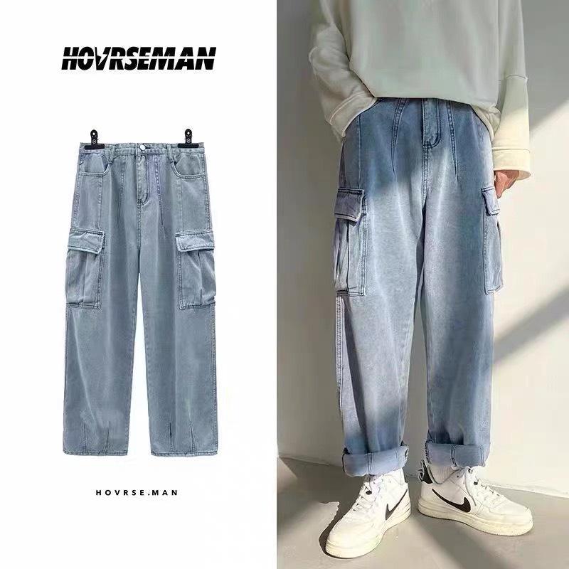 Quần jeans ống rộng suông Túi hộp Unisex chất jeans dày dặn quần jeans nam nữ phong cách Ulzzang