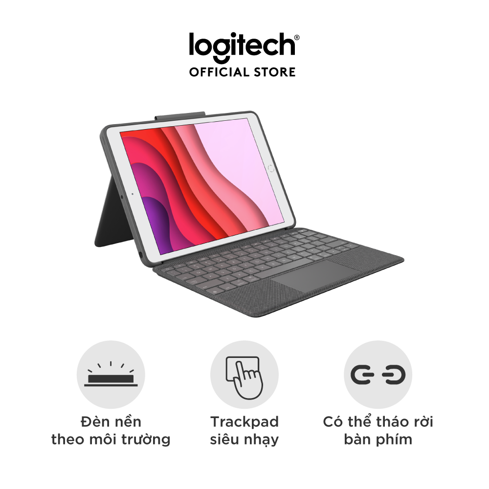 Bao da kèm bàn phím Logitech Combo Touch iPad Gen 7, Gen 8, Gen 9 (10.2 Inch) - Trackpad to, có thể tháo rời - Hàng chính hãng