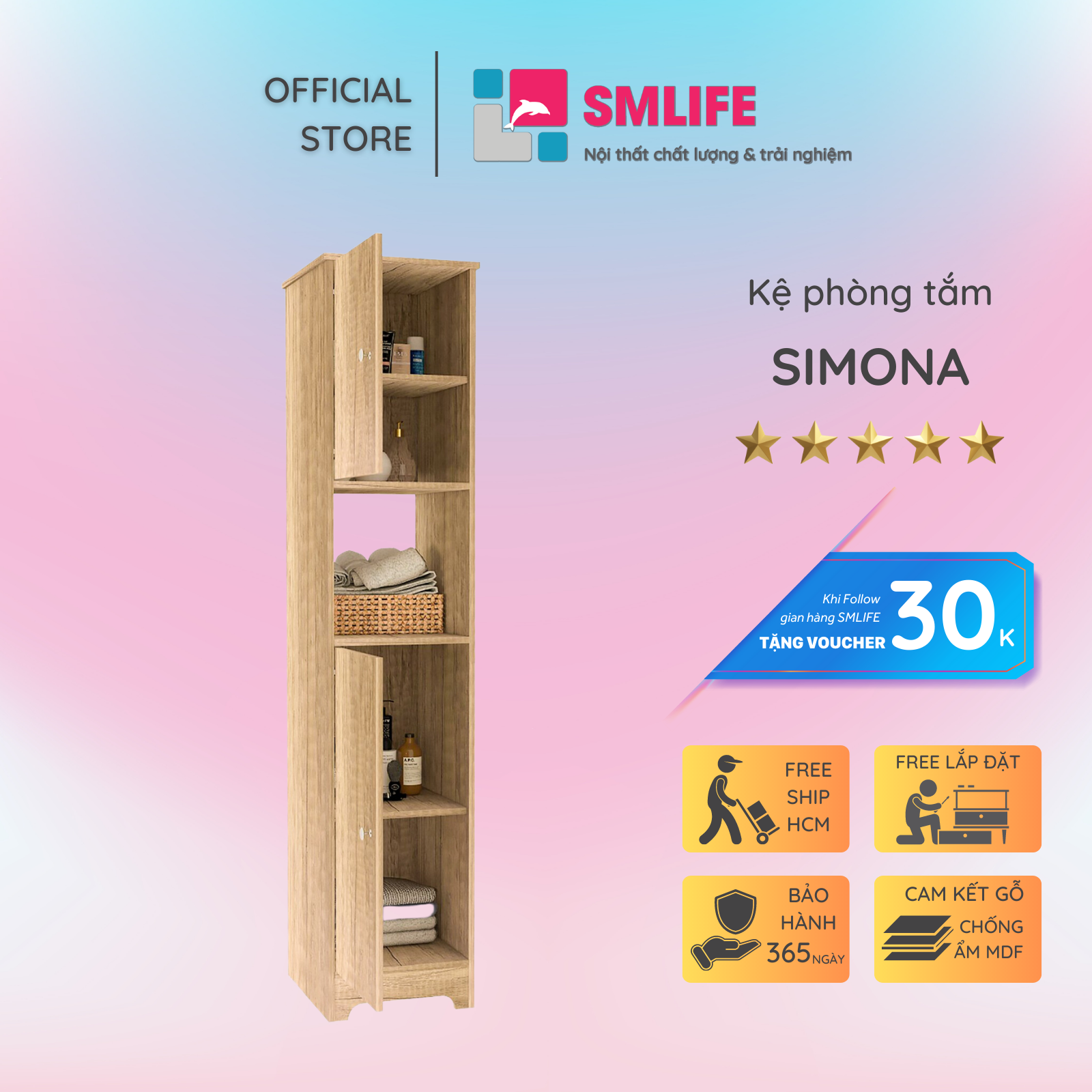 Tủ phòng tắm gỗ hiện đại SMLIFE Simona | Gỗ MDF dày 17mm chống ẩm | D38xR40xC180cm