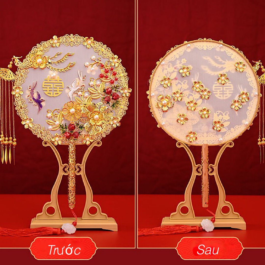 QUẠT HỈ - QUẠT CƯỚI CẦM TAY CÔ DÂU KIM NGỌC MÃN ĐƯỜNG CỔ TRANG KÈM GIÁ ĐỠ VÀ HỘP QUÀ