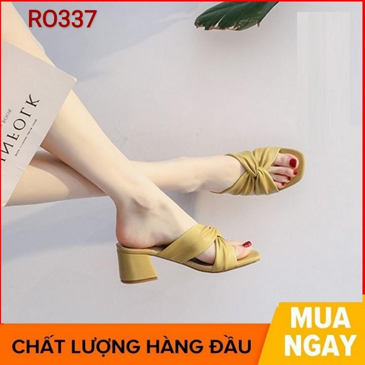 Dép nữ cao gót quai ngang 5 phân hàng hiệu rosata hai màu kem vàng ro337