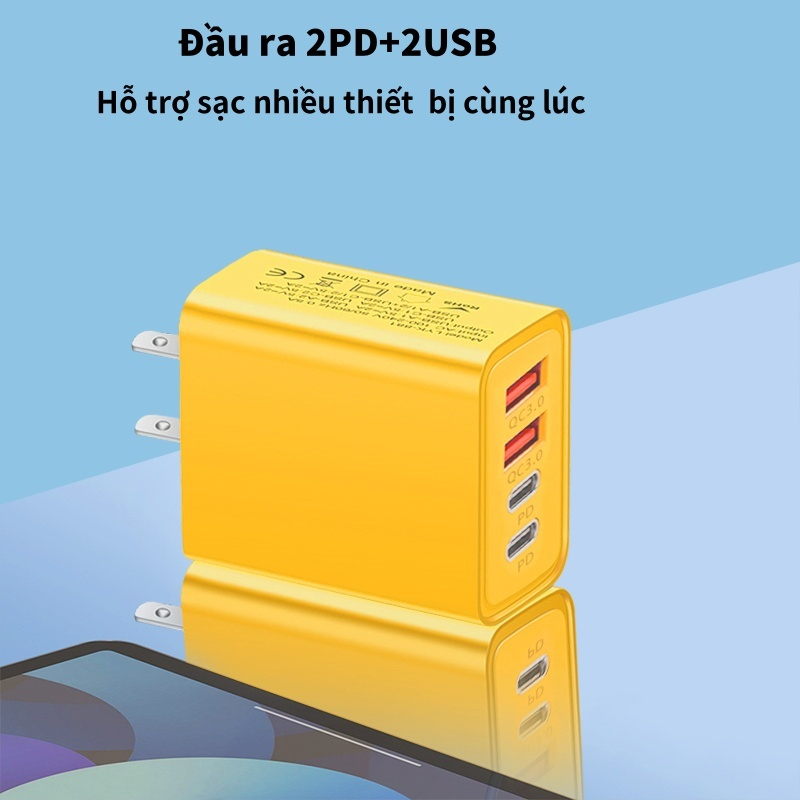 Củ Sạc Nhanh 120w đa năng gồm 2 cổng Type-C và 2 cổng USB, tặng kèm cáp 1 sạc Type C - Hàng nhập khẩu