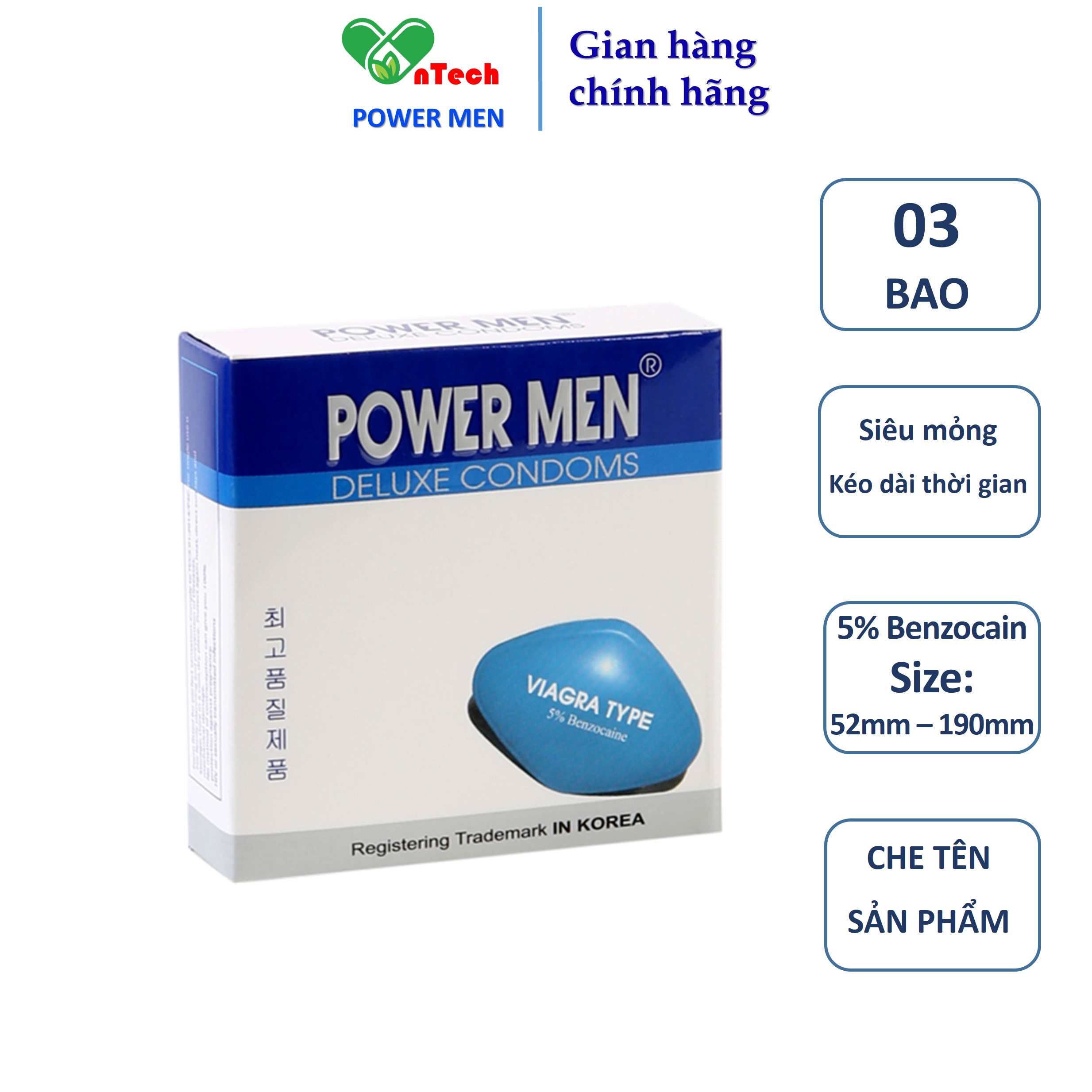 Bao cao su POWER MEN VIAGRA TYPE siêu mỏng trơn nhiều gel bôi trơn chứa 7% Benzocain siêu kéo dài thời gian